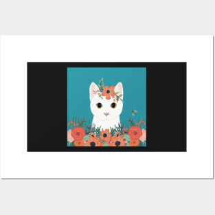 The cute white cat queen is watching you from the flowerbed Posters and Art